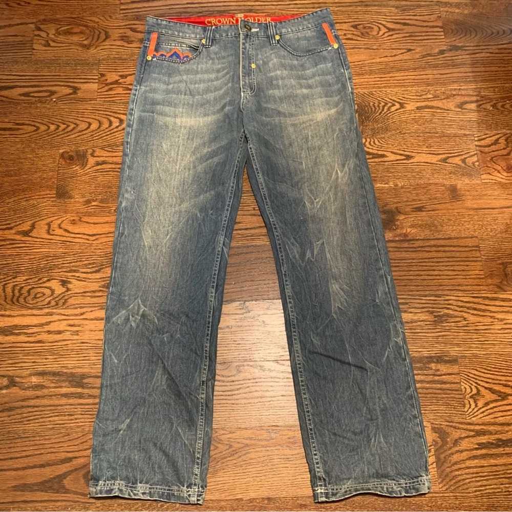 Crown Holder Mens 34 Gold Belt Loop Embroidered Blue Orange Blue Jean Med Wash